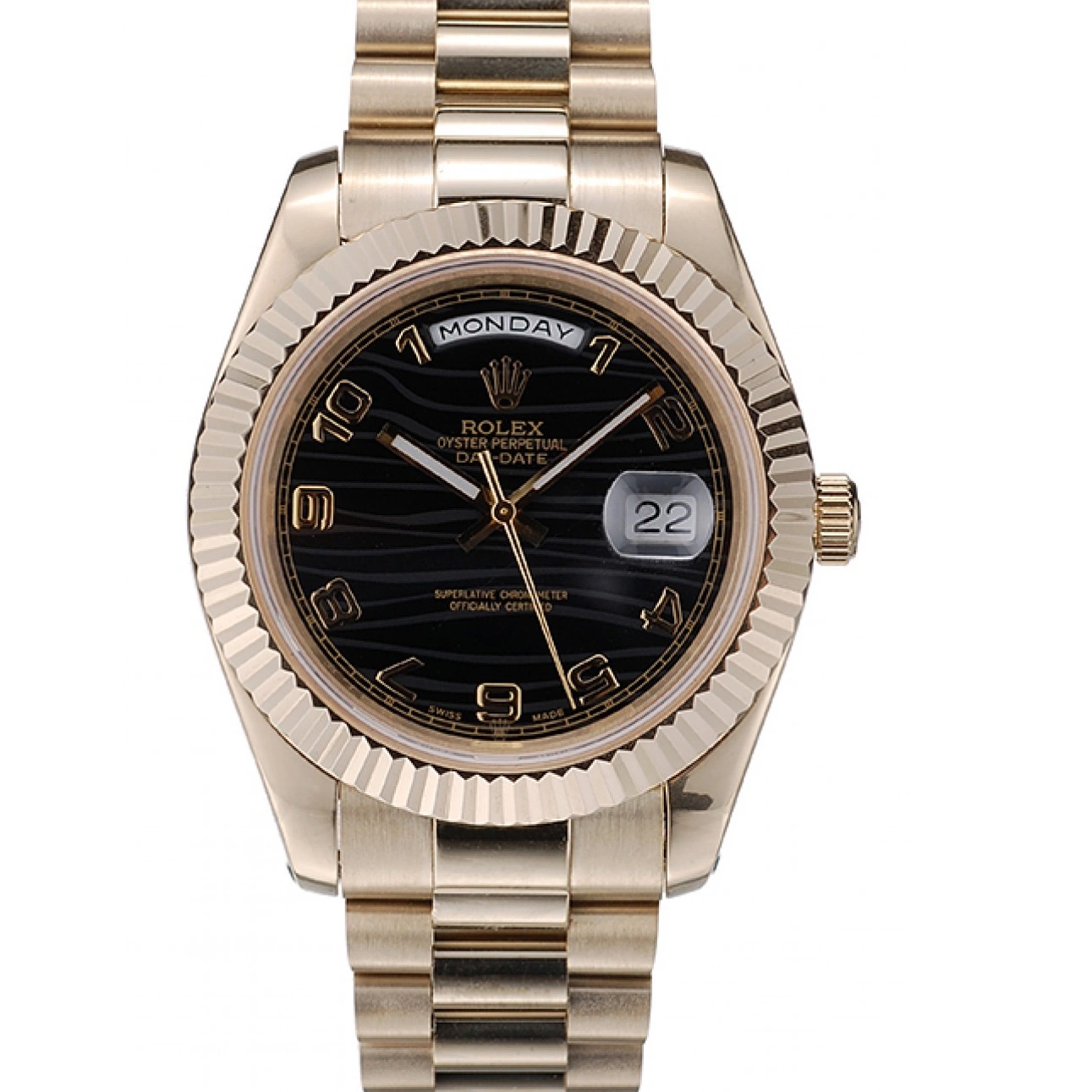 Gold Dial DayDate Rolex Black Stainless 41998 Ribbed Steel Bezel Swiss 0709
